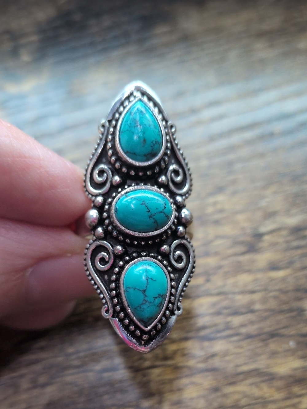 Turquoise Triple Stone Silver Ring - Blue Teardrop Accent